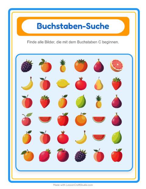Vorschau: Suchen und zählen-Arbeitsblatt mit Früchte für Vorschule
