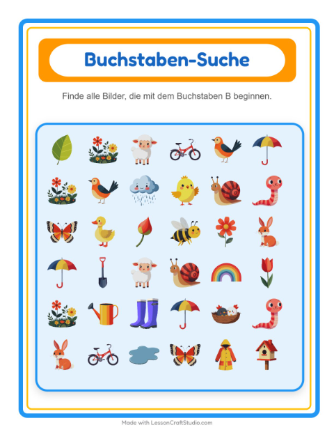Vorschau: Suchen und zählen-Arbeitsblatt mit Frühling für Vorschule