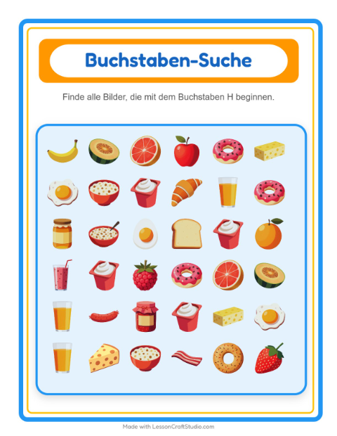 Vorschau: Suchen und zählen-Arbeitsblatt mit Frühstück für Vorschule