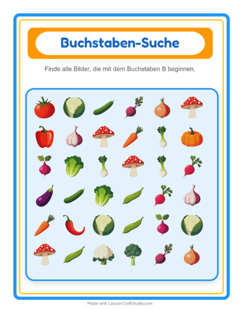 Vorschau: Suchen und zählen-Arbeitsblatt mit Gemüse für Vorschule