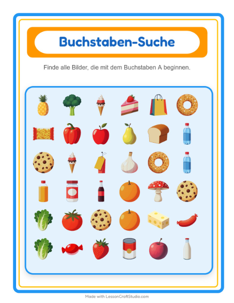 Vorschau: Suchen und zählen-Arbeitsblatt mit Im Supermarkt für Vorschule