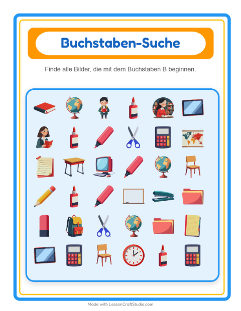 Vorschau: Suchen und zählen-Arbeitsblatt mit Klassenzimmer für Vorschule