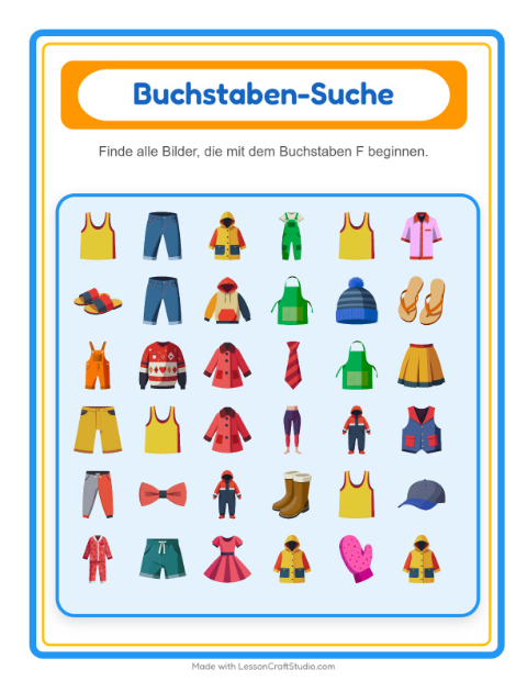 Vorschau: Suchen und zählen-Arbeitsblatt mit Kleidung für Vorschule