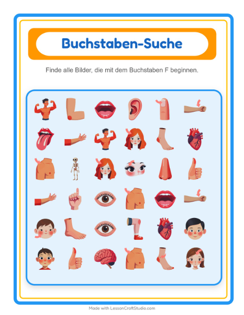 Vorschau: Suchen und zählen-Arbeitsblatt mit Körperteile für Vorschule