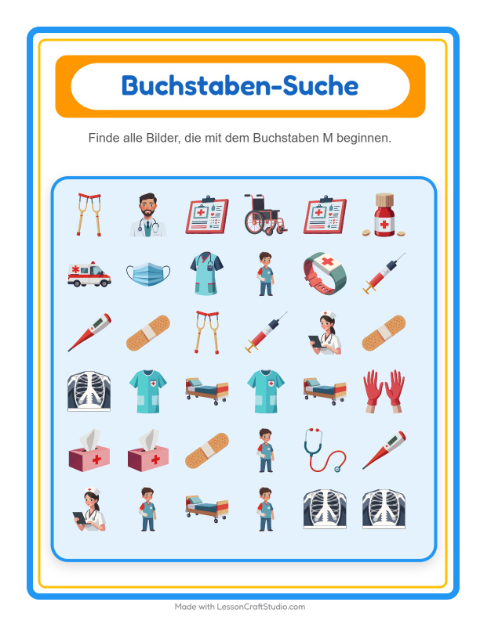 Vorschau: Suchen und zählen-Arbeitsblatt mit Krankenhaus für Vorschule