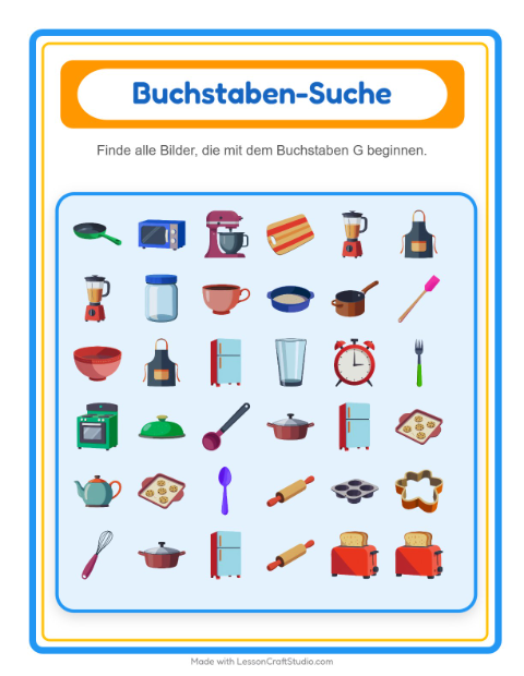 Vorschau: Suchen und zählen-Arbeitsblatt mit Küchenwerkzeuge für Vorschule