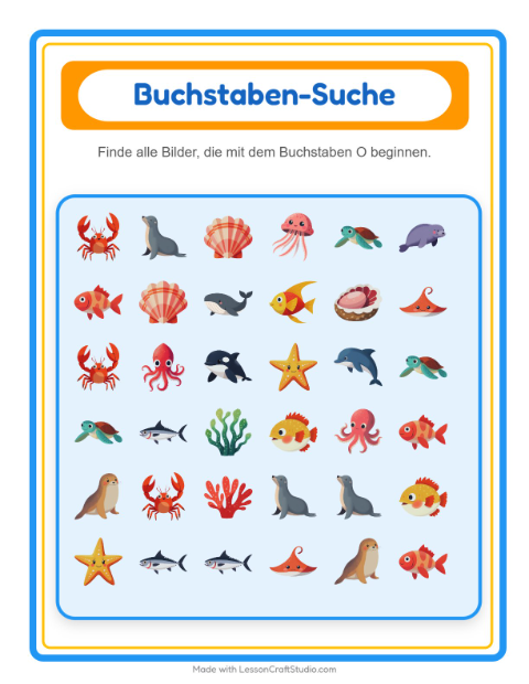 Vorschau: Suchen und zählen-Arbeitsblatt mit Meeresleben für Vorschule