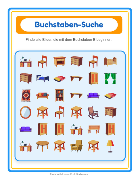 Vorschau: Suchen und zählen-Arbeitsblatt mit Möbel für Vorschule