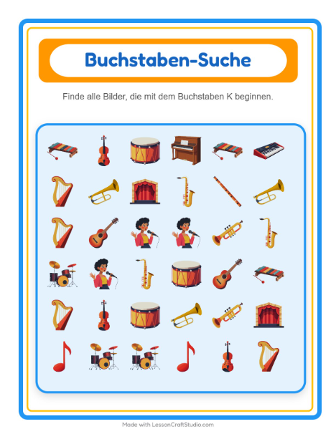 Vorschau: Suchen und zählen-Arbeitsblatt mit Musik für Vorschule