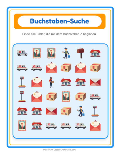 Vorschau: Suchen und zählen-Arbeitsblatt mit Postamt für Vorschule