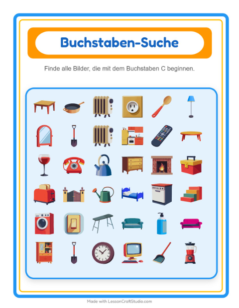 Vorschau: Suchen und zählen-Arbeitsblatt mit Rund ums Haus für Vorschule