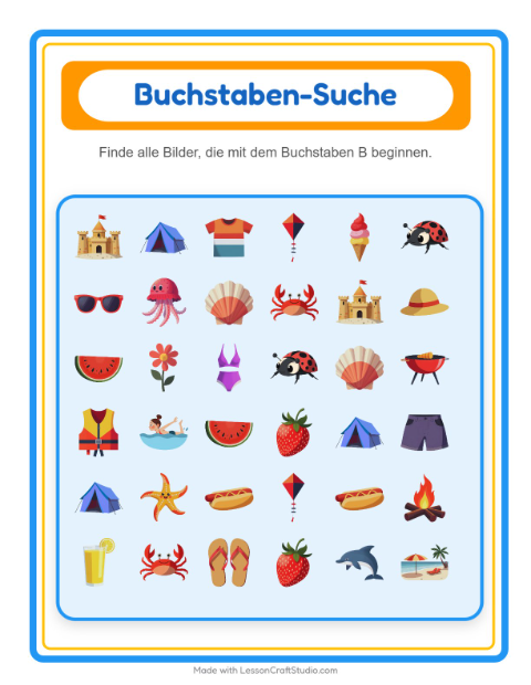 Vorschau: Suchen und zählen-Arbeitsblatt mit Sommer für Vorschule