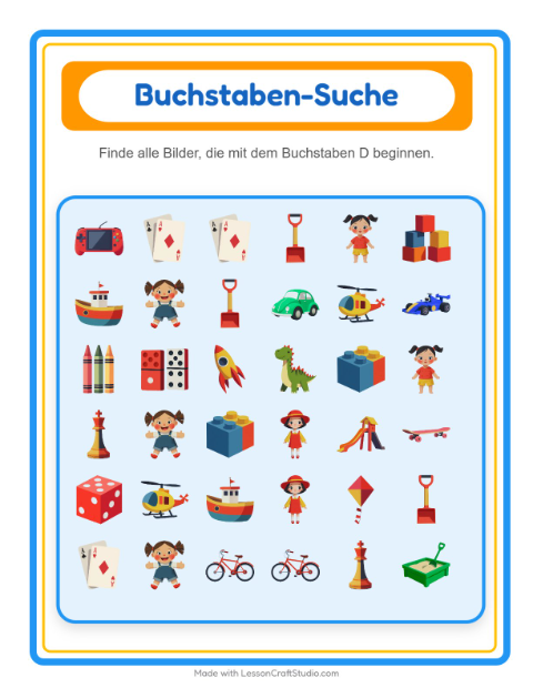 Vorschau: Suchen und zählen-Arbeitsblatt mit Spielzeug für Vorschule