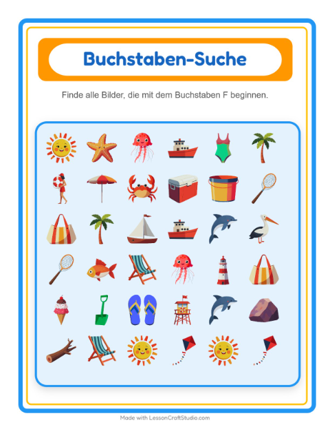 Vorschau: Suchen und zählen-Arbeitsblatt mit Strand für Vorschule
