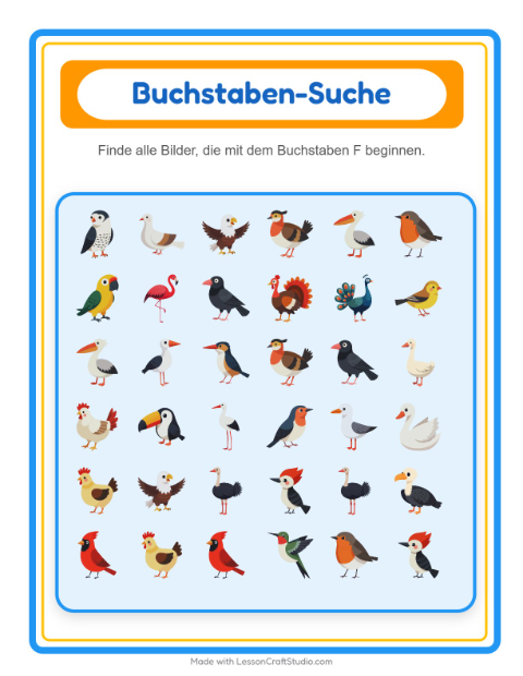 Vorschau: Suchen und zählen-Arbeitsblatt mit Vögel 2 für Vorschule