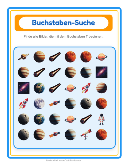 Vorschau: Suchen und zählen-Arbeitsblatt mit Weltraum für Vorschule