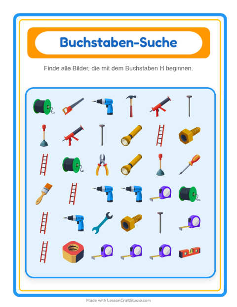 Vorschau: Suchen und zählen-Arbeitsblatt mit Werkzeuge für Vorschule