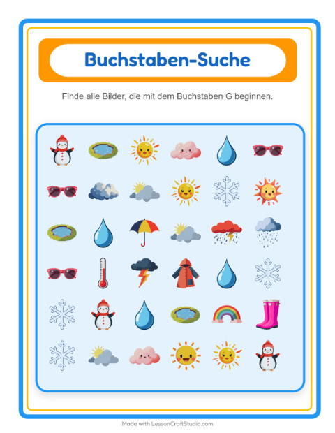 Vorschau: Suchen und zählen-Arbeitsblatt mit Wetter für Vorschule