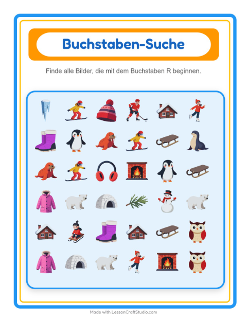 Vorschau: Suchen und zählen-Arbeitsblatt mit Winter für Vorschule