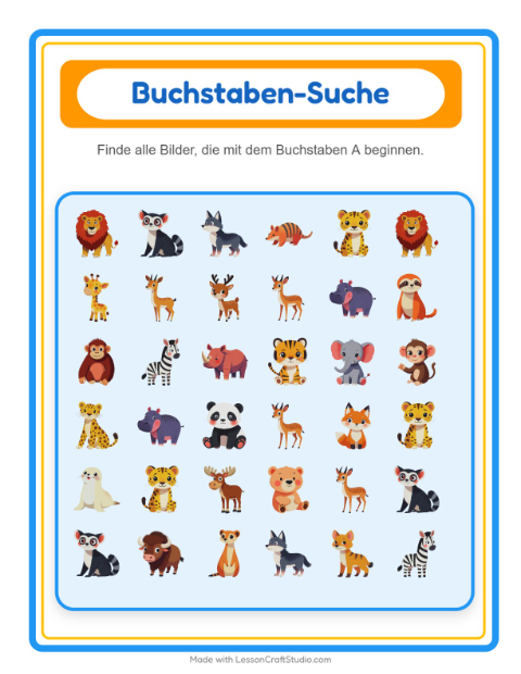 Vorschau: Suchen und zählen-Arbeitsblatt mit Zootiere für Vorschule