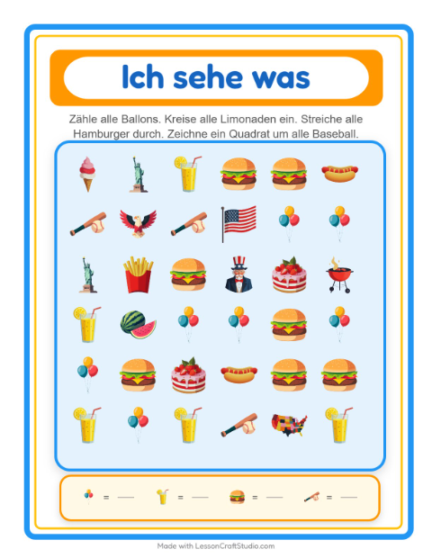 Vorschau: Suchen und zählen-Arbeitsblatt mit 4. Juli für Vorschule