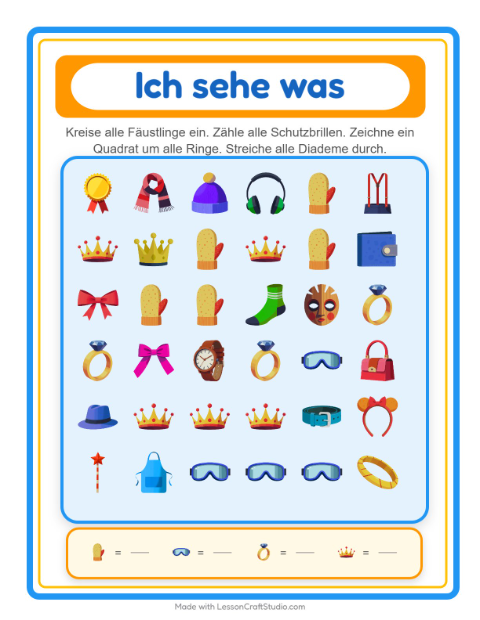 Vorschau: Suchen und zählen-Arbeitsblatt mit Accessoires für Vorschule