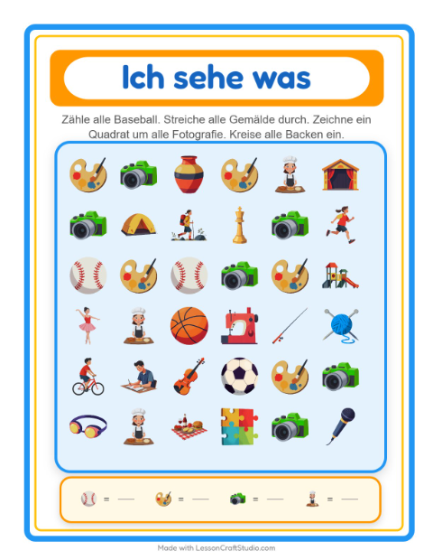 Vorschau: Suchen und zählen-Arbeitsblatt mit Aktivitäten für Vorschule