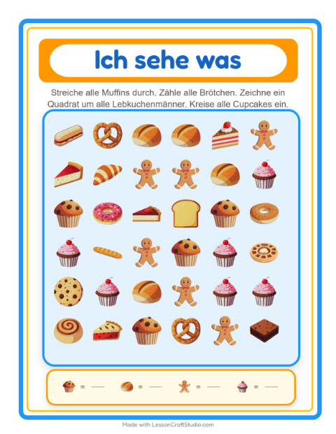 Vorschau: Suchen und zählen-Arbeitsblatt mit Bäckerei für Vorschule
