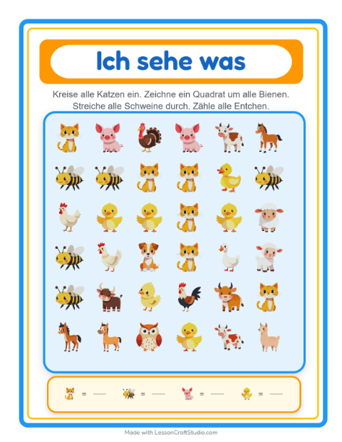 Vorschau: Suchen und zählen-Arbeitsblatt mit Bauernhoftiere für Vorschule