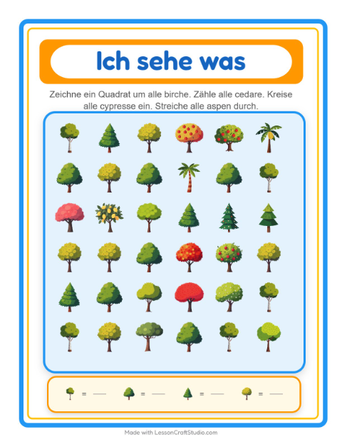 Vorschau: Suchen und zählen-Arbeitsblatt mit Bäume für Vorschule