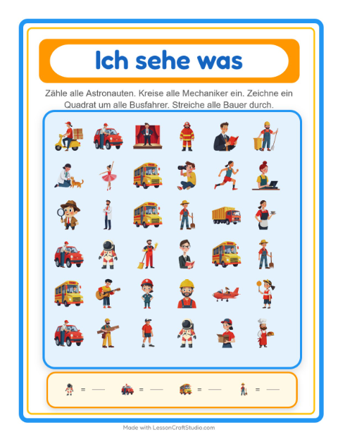 Vorschau: Suchen und zählen-Arbeitsblatt mit Berufe für Vorschule