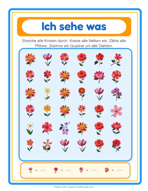 Vorschau: Suchen und zählen-Arbeitsblatt mit Blumen für Vorschule