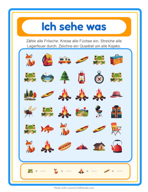 Vorschau: Suchen und zählen-Arbeitsblatt mit Camping für Vorschule