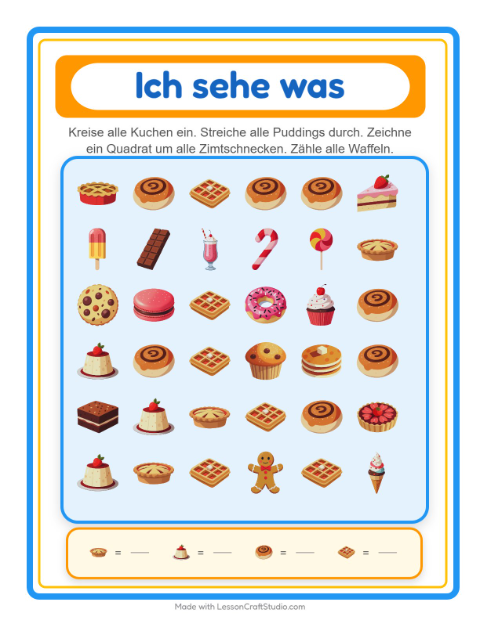 Vorschau: Suchen und zählen-Arbeitsblatt mit Desserts und Süßigkeiten für Vorschule