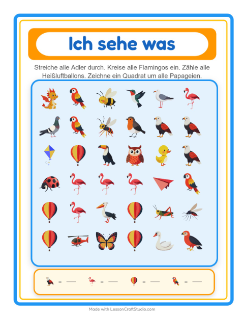 Vorschau: Suchen und zählen-Arbeitsblatt mit Dinge die fliegen für Vorschule