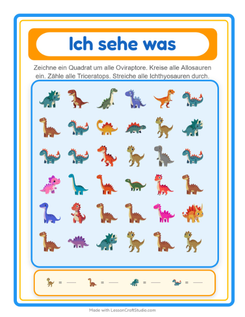 Vorschau: Suchen und zählen-Arbeitsblatt mit Dinosaurier für Vorschule