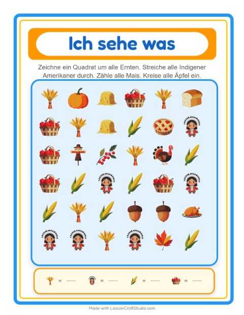 Vorschau: Suchen und zählen-Arbeitsblatt mit Erntedankfest für Vorschule