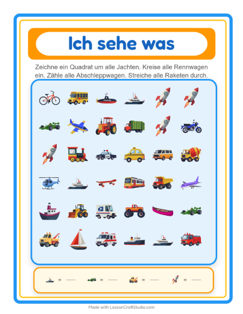 Vorschau: Suchen und zählen-Arbeitsblatt mit Fahrzeuge für Vorschule