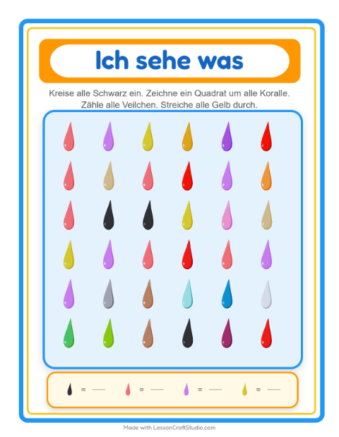 Vorschau: Suchen und zählen-Arbeitsblatt mit Farben für Vorschule