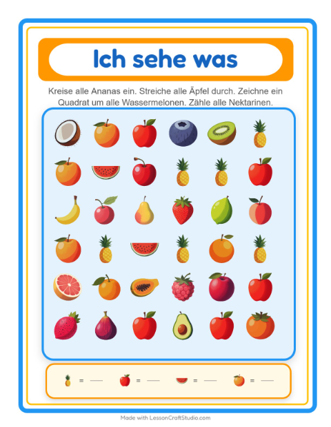 Vorschau: Suchen und zählen-Arbeitsblatt mit Früchte für Vorschule