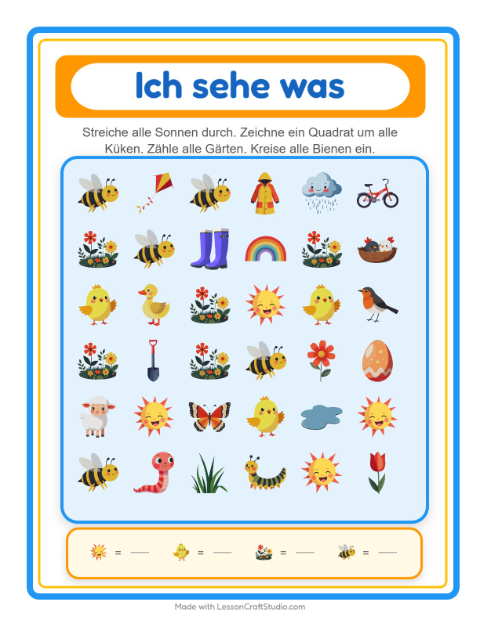 Vorschau: Suchen und zählen-Arbeitsblatt mit Frühling für Vorschule