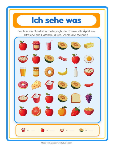 Vorschau: Suchen und zählen-Arbeitsblatt mit Frühstück für Vorschule