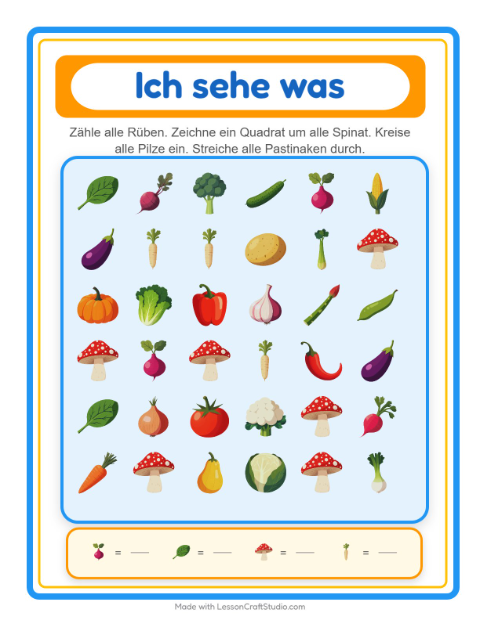 Vorschau: Suchen und zählen-Arbeitsblatt mit Gemüse für Vorschule