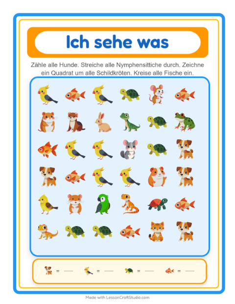 Vorschau: Suchen und zählen-Arbeitsblatt mit Haustiere für Vorschule