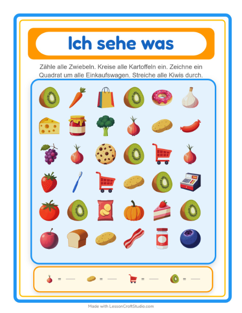 Vorschau: Suchen und zählen-Arbeitsblatt mit Im Supermarkt für Vorschule