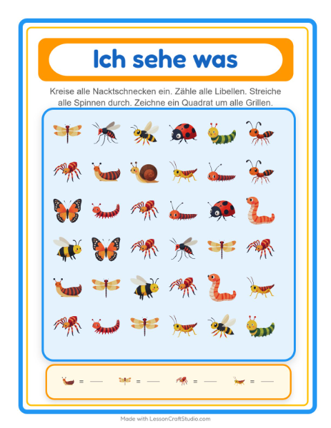 Vorschau: Suchen und zählen-Arbeitsblatt mit Insekten und Käfer für Vorschule