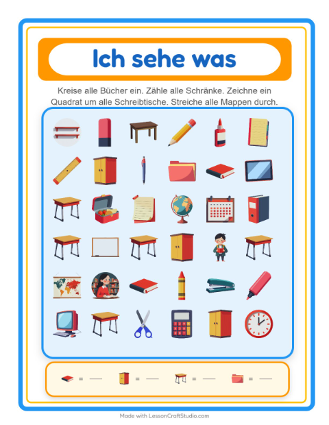 Vorschau: Suchen und zählen-Arbeitsblatt mit Klassenzimmer für Vorschule
