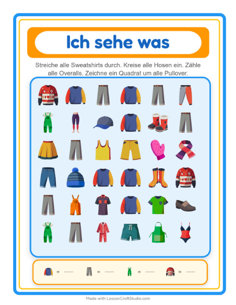 Vorschau: Suchen und zählen-Arbeitsblatt mit Kleidung für Vorschule