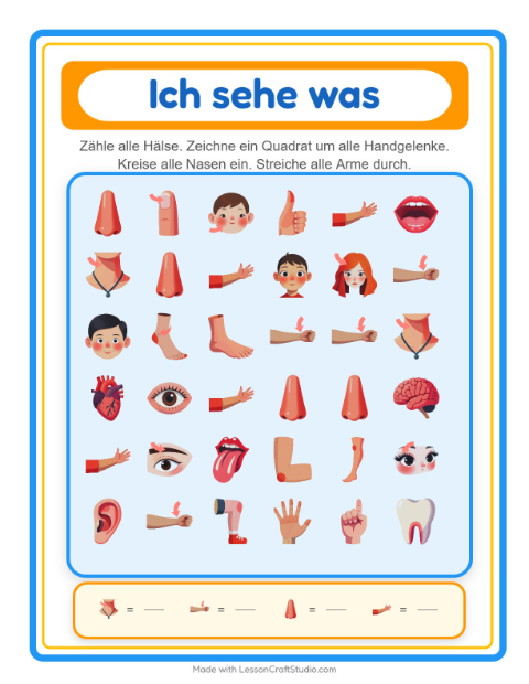 Vorschau: Suchen und zählen-Arbeitsblatt mit Körperteile für Vorschule
