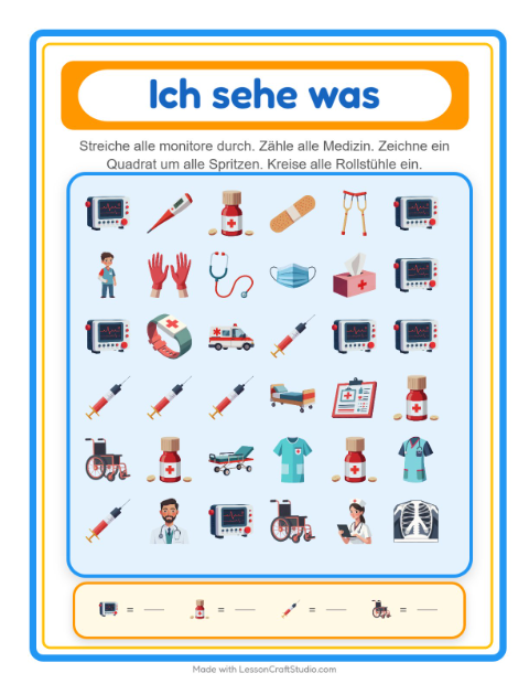 Vorschau: Suchen und zählen-Arbeitsblatt mit Krankenhaus für Vorschule
